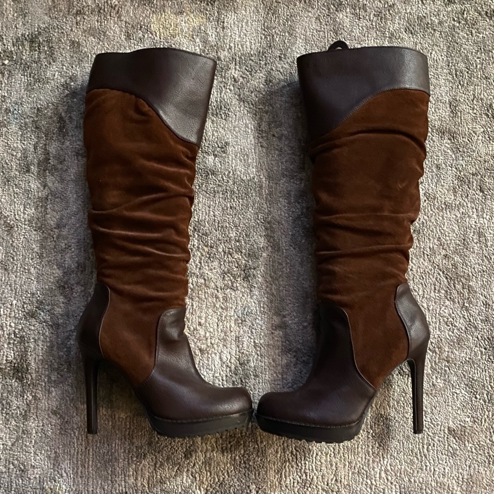 Chocolate Suede Boots Brown Tall Shaft with Leather at the base and top 8.5